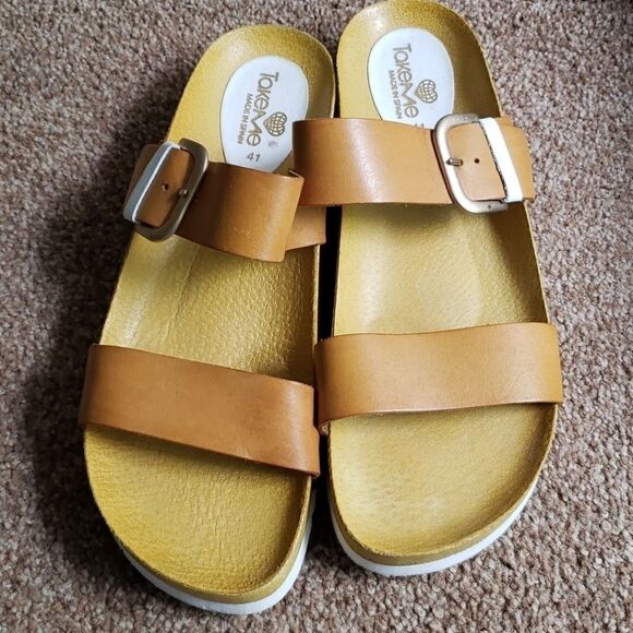 𝅺WOMEN'S TakeMe tan Leather Sandals Made in Spain size 41 - Picture 1 of 6